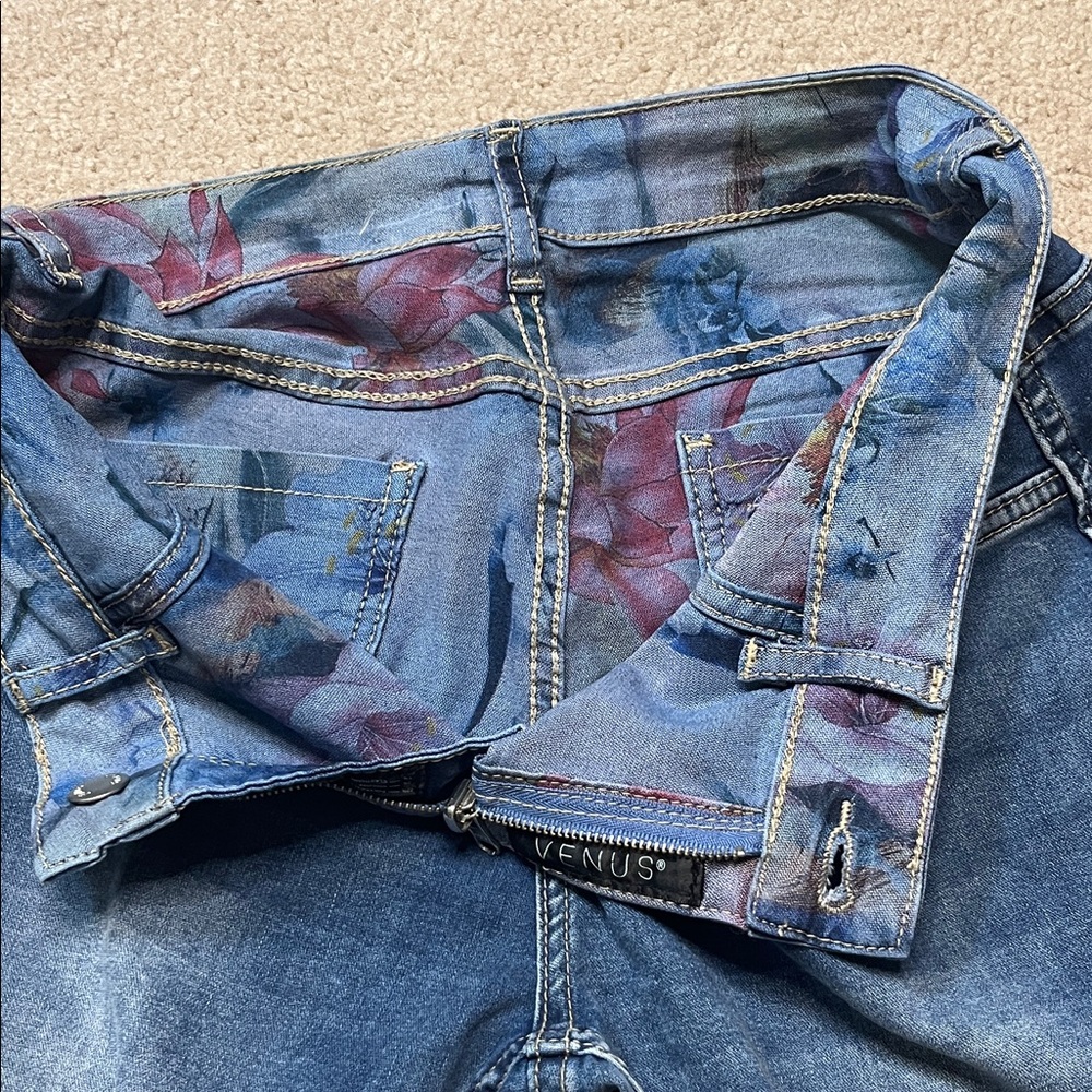 VENUS Blue Denim Jeans with Pink & Purple Floral Lining